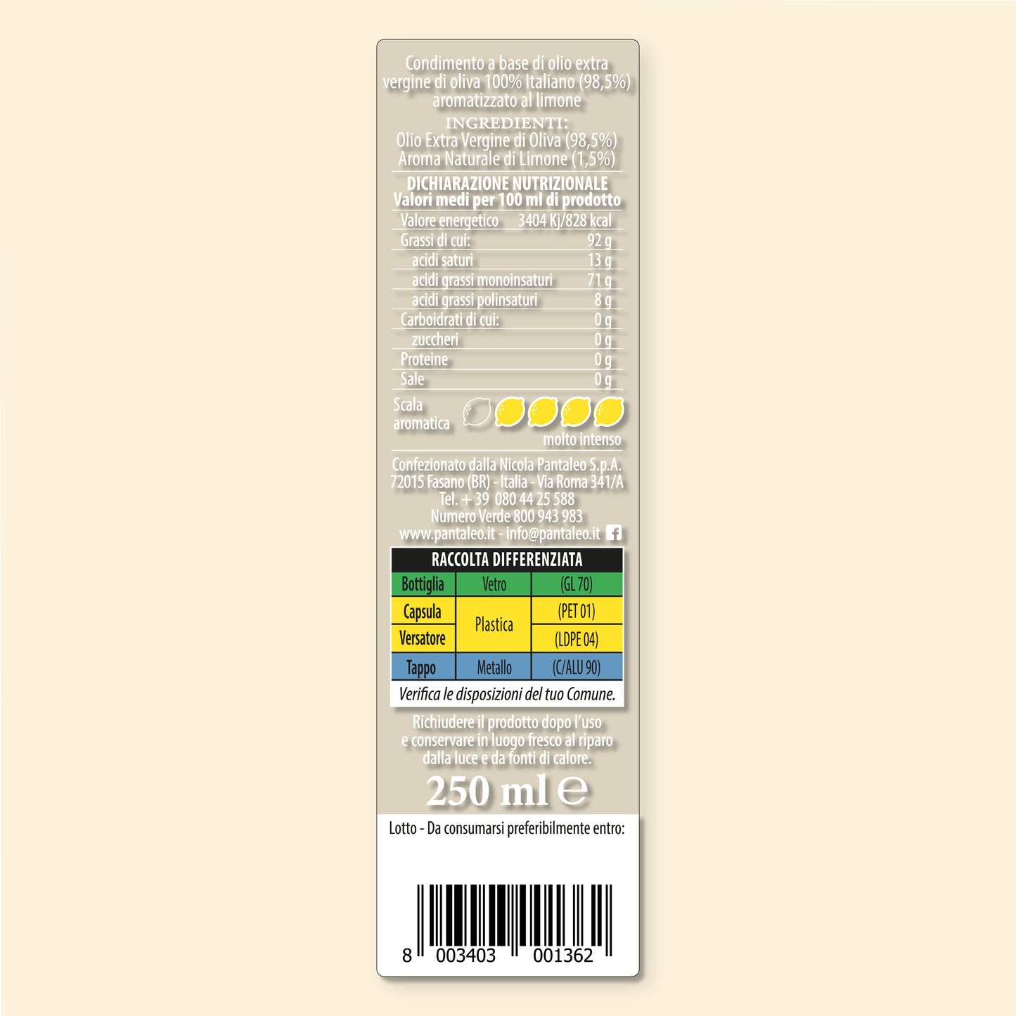 Dressing made with 100% Italian extra-virgin olive oil, flavoured with lemon