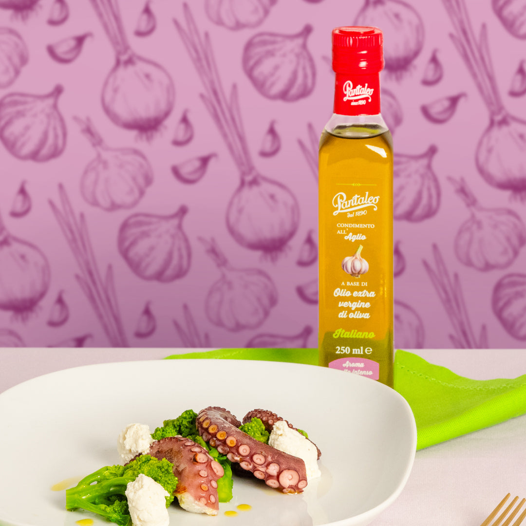 Dressing made with 100% Italiano extra-virgin olive oil, flavoured with garlic