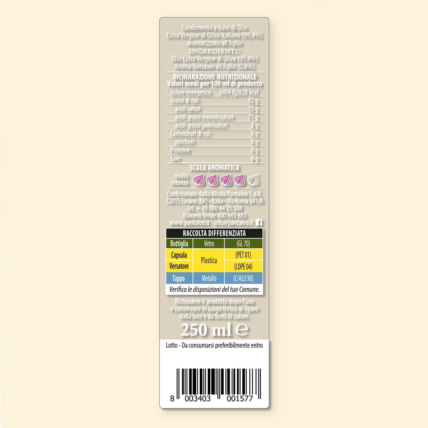 Dressing made with 100% Italiano extra-virgin olive oil, flavoured with garlic