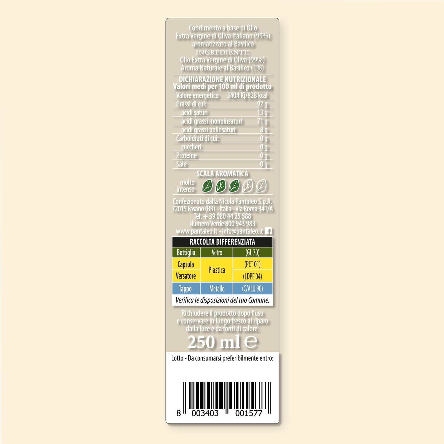 Dressing made with 100% Italiano extra-virgin olive oil, flavoured with basil