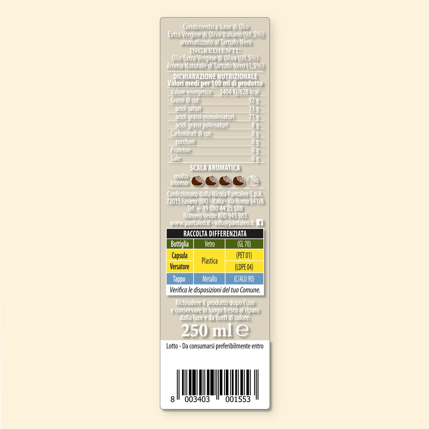 Dressing made with 100% Italiano extra-virgin olive oil, flavoured with black truffle