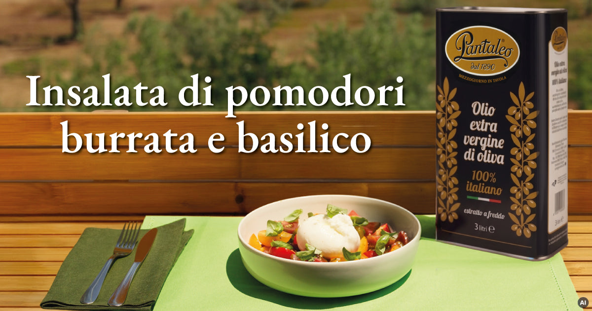 Insalata di Pomodori, Burrata e Basilico con Olio Extravergine di Oliva Pantaleo 100% Italiano
