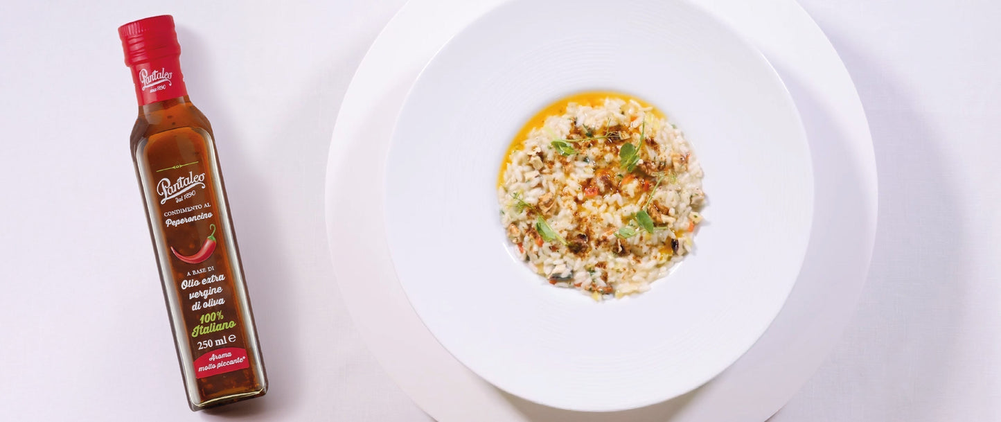 Risotto primavera, noci e olio al peperoncino