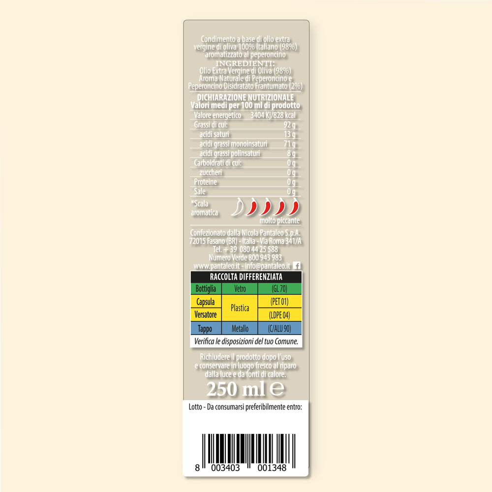 Condimento a base di olio extra vergine 100% italiano aromatizzato al peperoncino