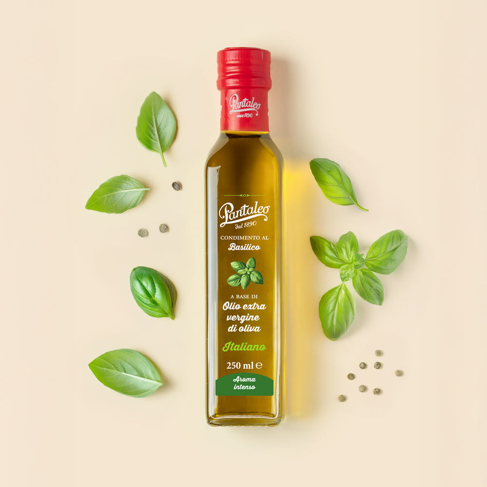 Condimento a base di olio extra vergine 100% italiano aromatizzato al basilico