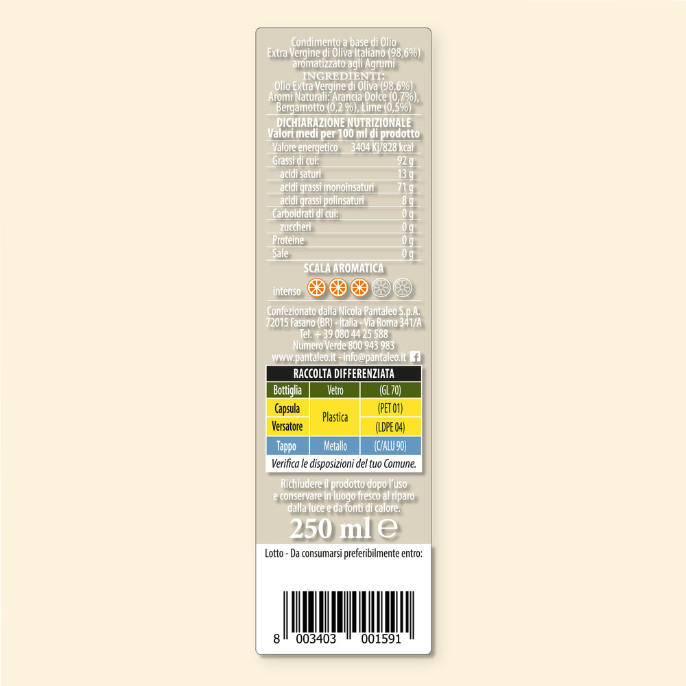 Dressing made with 100% Italiano extra-virgin olive oil, flavoured with citrus fruits